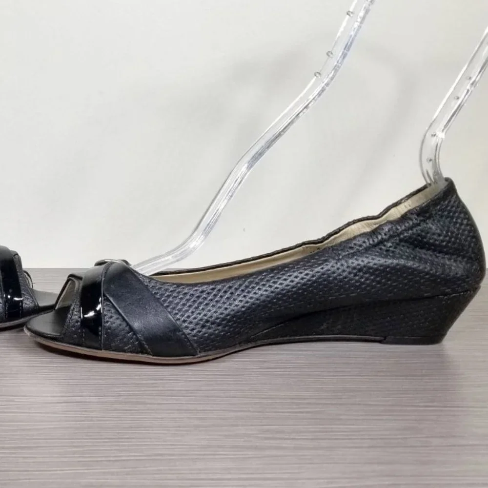 AGL Peep Toe Wedge Pump, Black Perforated Leather, Womens Size 7.5 US / 37.5 - Picture 6 of 12